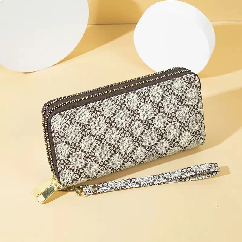 Yy长款女四叶草印花大容量手拿包双拉链双层钱夹手机包时尚女士