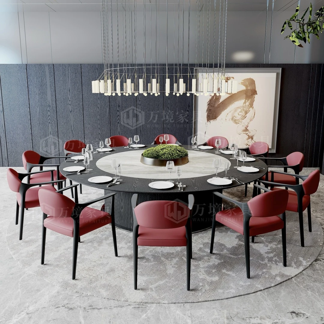 酒店电动餐桌大圆桌岩板大理石转盘16人别墅会所包厢实木家具定制