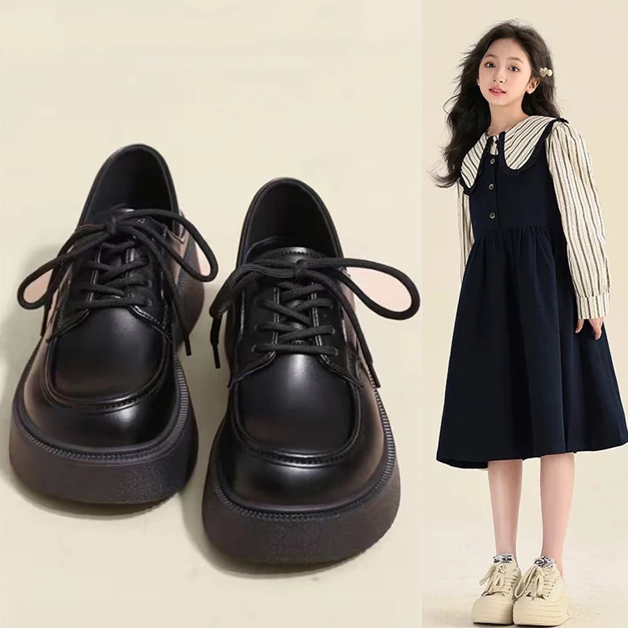 中大童女黑色系带小皮鞋2025秋冬新款软底公主鞋女童校园jk演出鞋