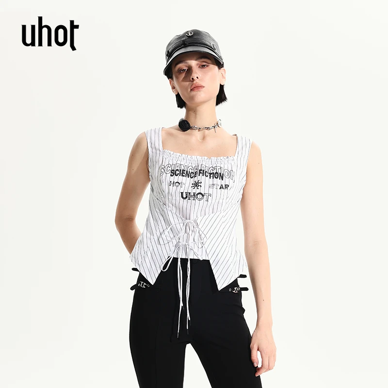 UHOT 白色经典条纹原创字母印花绑绳设计方领上衣女减龄UWWR2N445