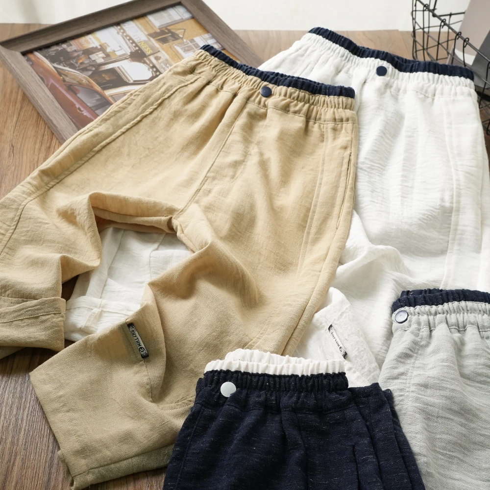 夏季儿童拼色腰棉麻休闲长裤中大童百搭拼接裤子男童洋气S1045