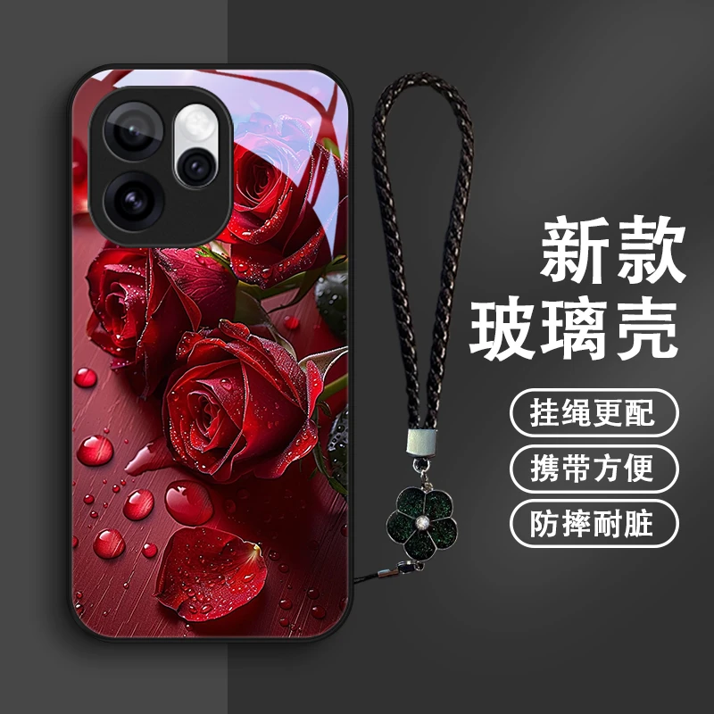 深红玫瑰适用OPPOReno15手机壳Reno15Pro玻璃壳防摔全包优雅女款