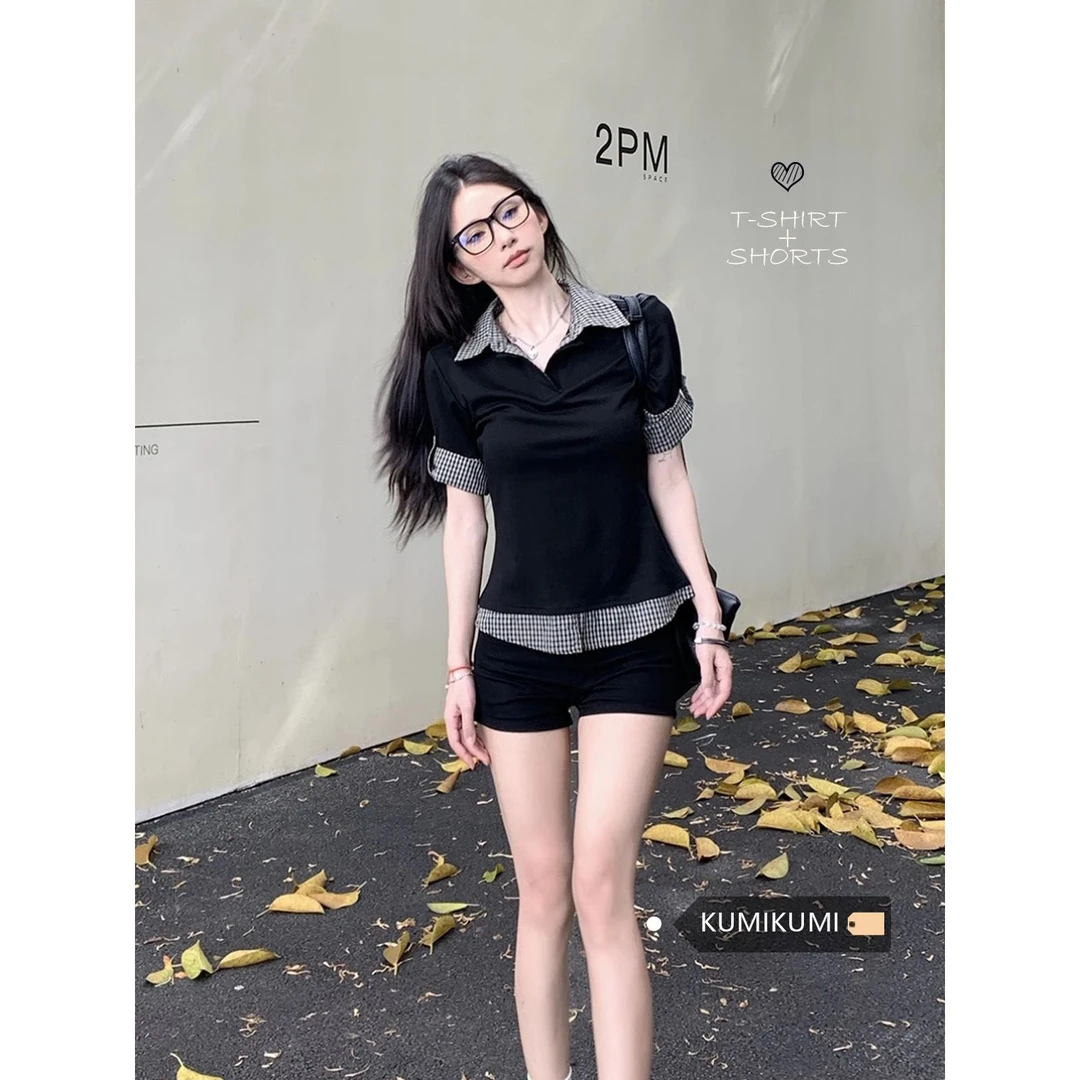 辣妹复古假两件短袖T恤女夏季新款POLO领设计感修身显瘦百搭上衣