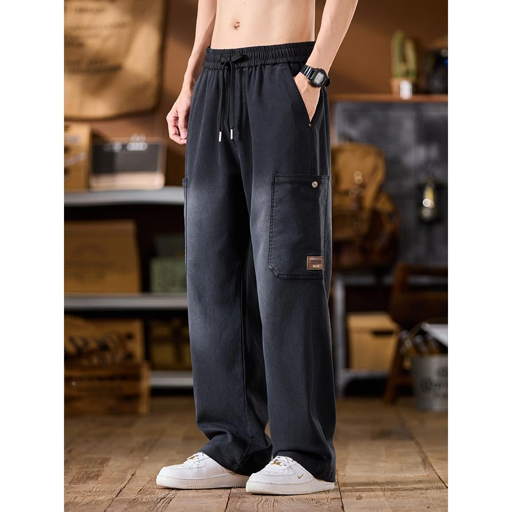 美式牛仔裤男士秋季2025新款宽松直筒潮牌春秋工装休闲运动长裤子