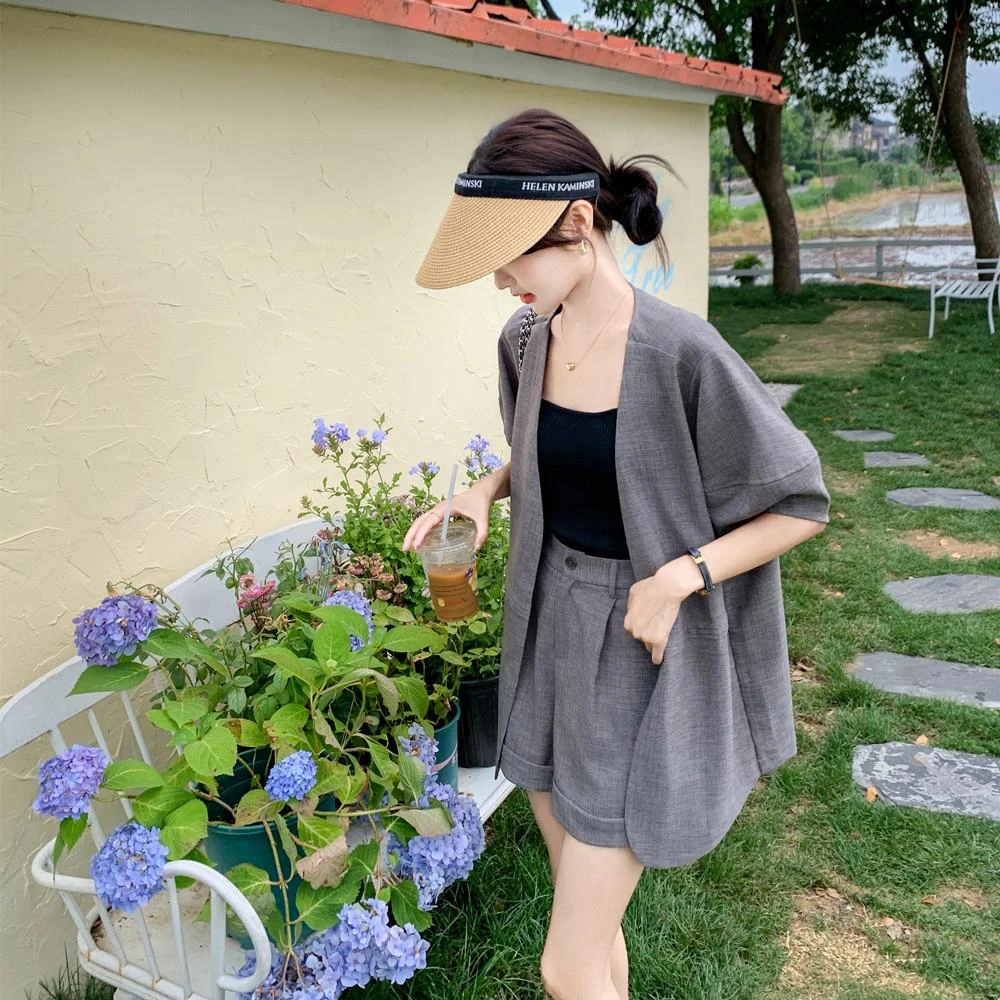 维多利亚酷飒拽姐灰色西装短裤套装女夏松驰感慵秋季韩版慵懒套装