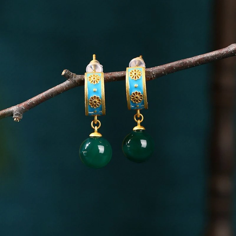 2022国潮风小众设计感轻奢耳饰镶嵌天然玉髓宫廷复古耳钉耳环批