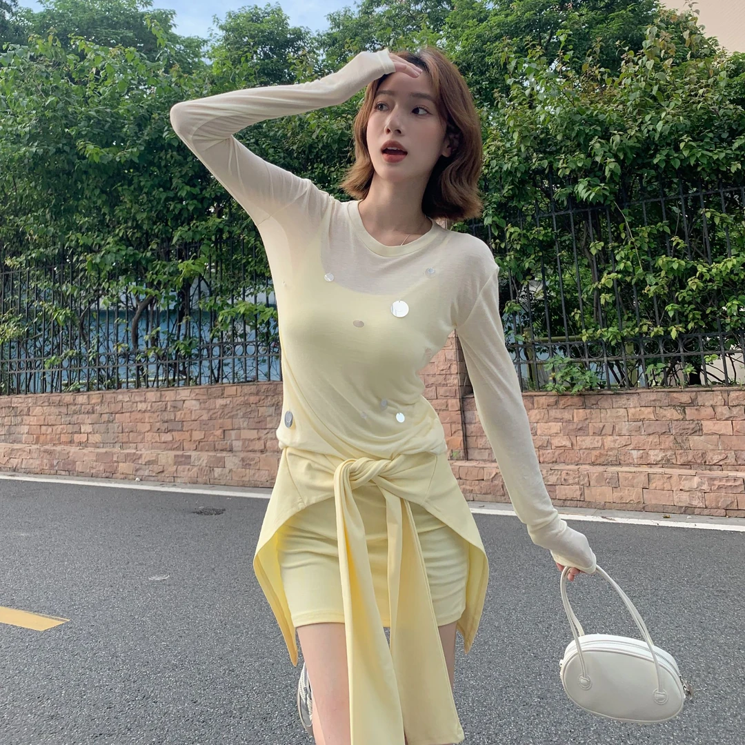 设计感绑带假两件辣妹连衣裙U领无袖短裙吊带裙女装kk-08271