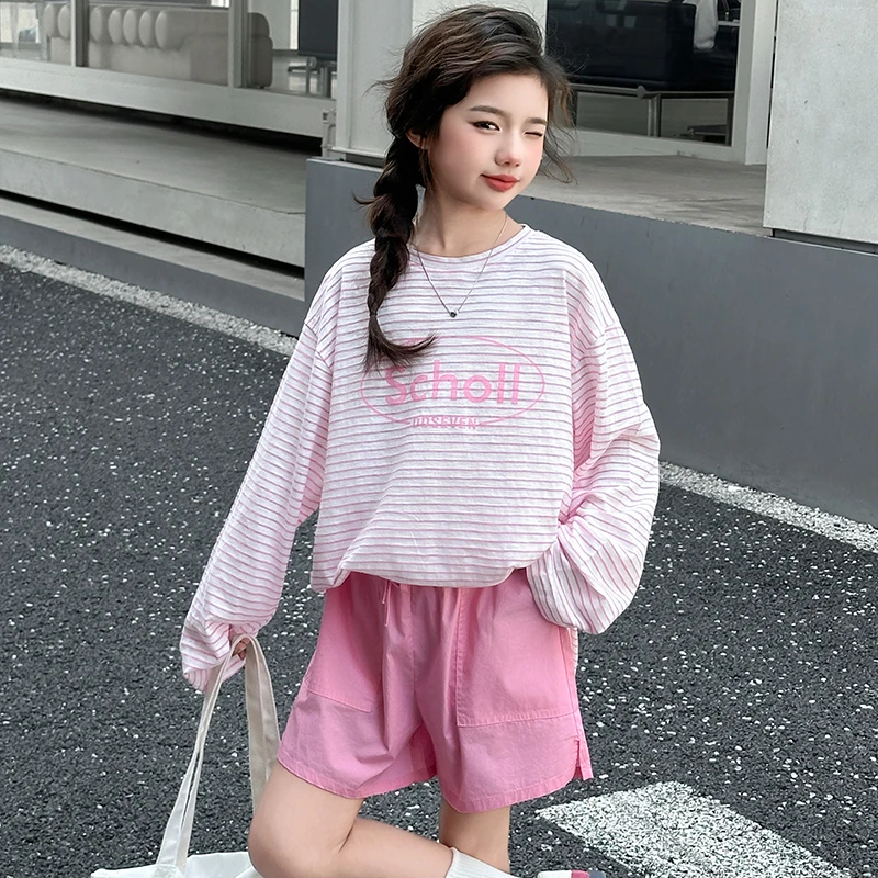 【涵妈推荐】女大童夏款条纹字母防晒衣短裤两件套韩版初中生套装潮