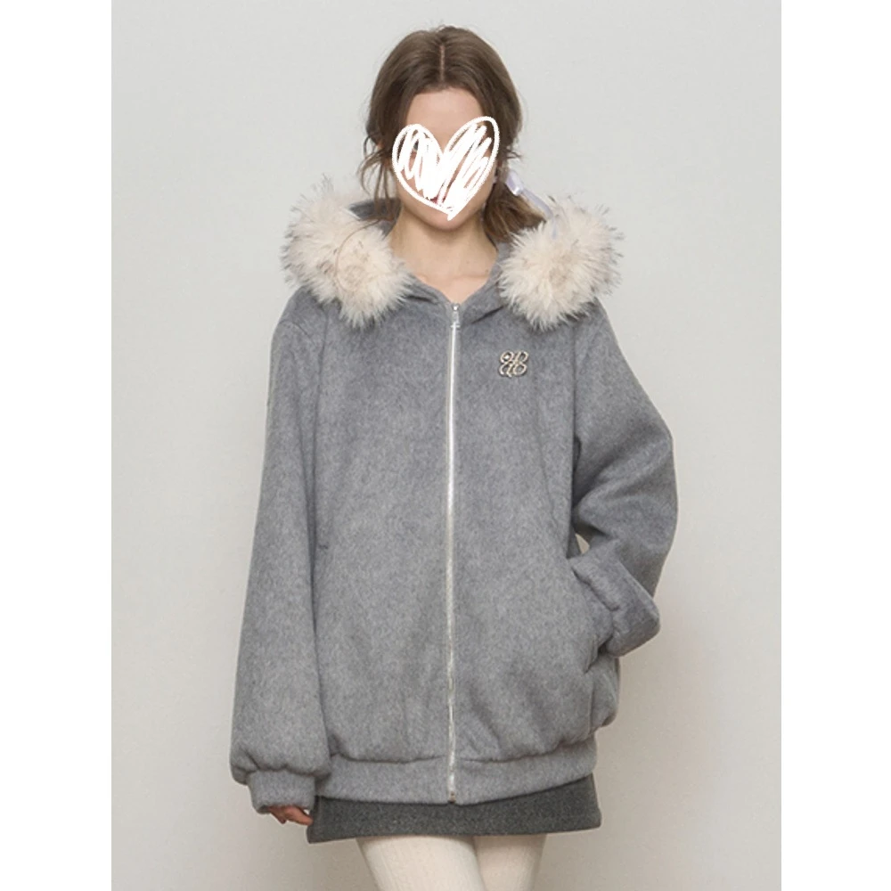 复古美式连帽毛领加绒卫衣外套女2025秋冬季开衫拉链显瘦百搭上衣