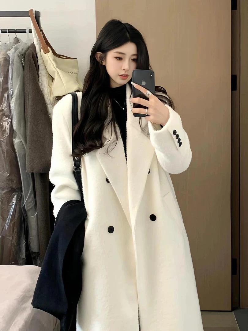 白色夹棉防貂绒保暖大衣2025秋冬新款冬季显瘦加厚毛呢外套