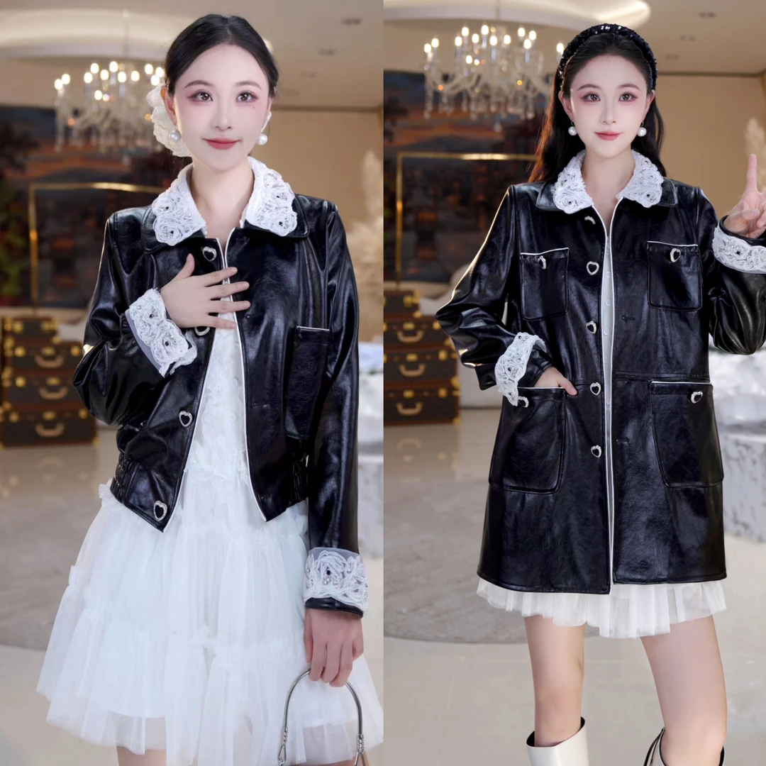 爱心扣蕾丝花边短皮衣外套815238+815239+815242+815241