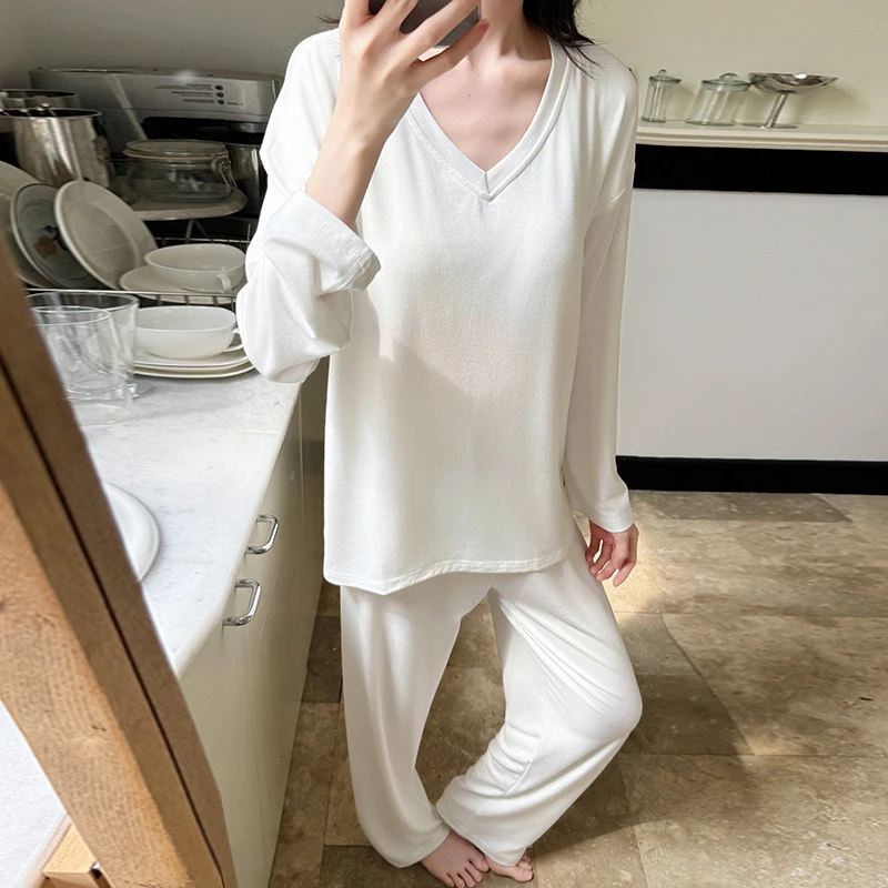 带胸垫睡衣女春秋款长袖v领纯色秋季简约休闲2025新款套装家居服