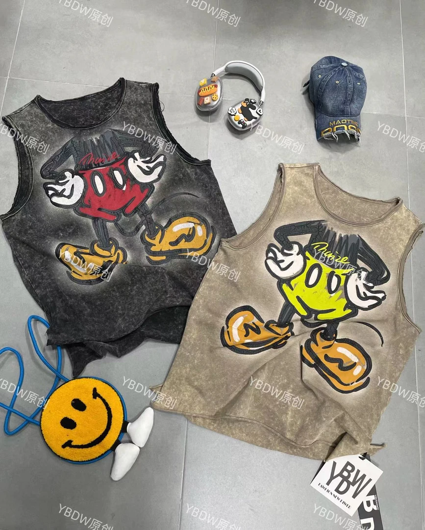 新款卡通米奇宽松型中长款oversize风无袖T恤个性印花休闲潮流