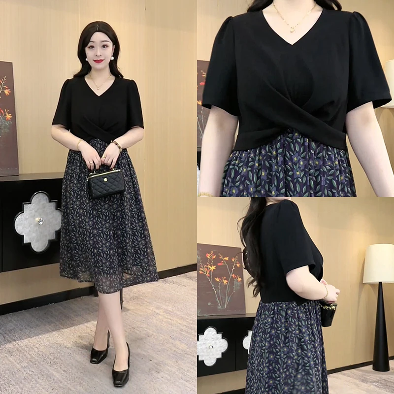 胖大盈定制大码女装气质假两件连衣裙夏季新款短袖碎花裙子ZB7221