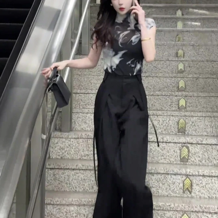 御姐气质女神范套装夏季新款半高领晕染短袖上衣高腰阔腿裤两件套