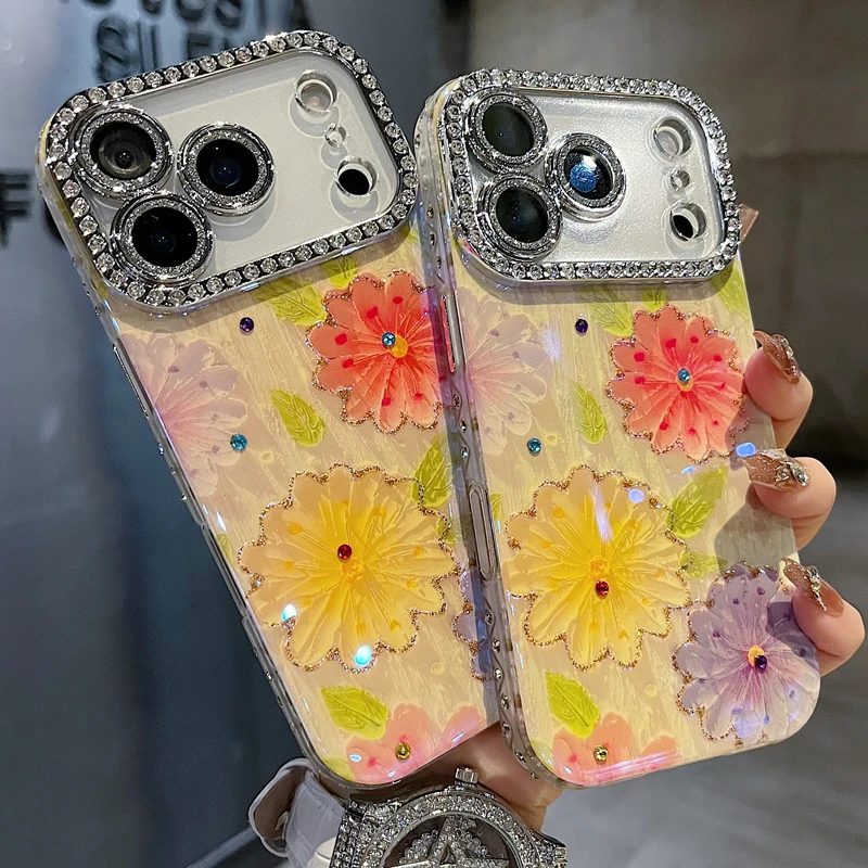 适用苹果系列iPhone17新款手机壳三色小花绿叶全包满钻精孔镜框