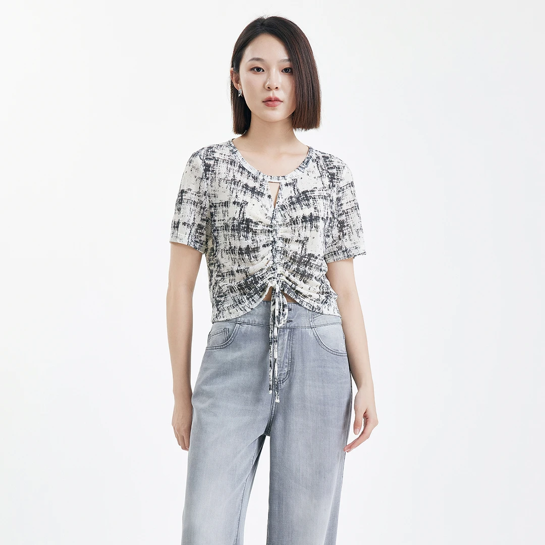 MUUMUN慕马渐变印染抽绳系带修身短袖T恤女