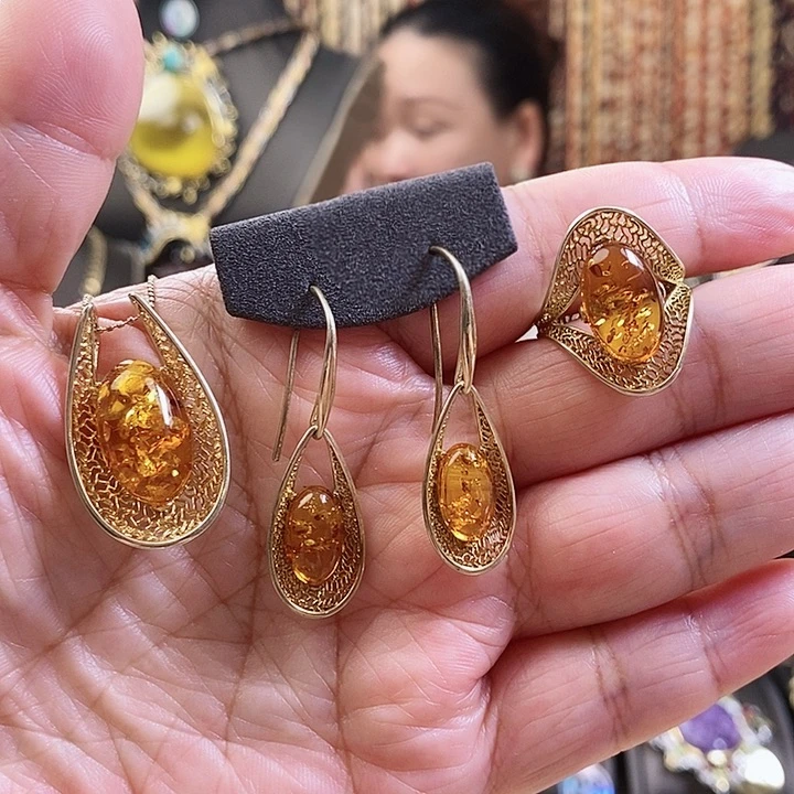 琥珀颈饰银S925镶嵌花珀套装不含链