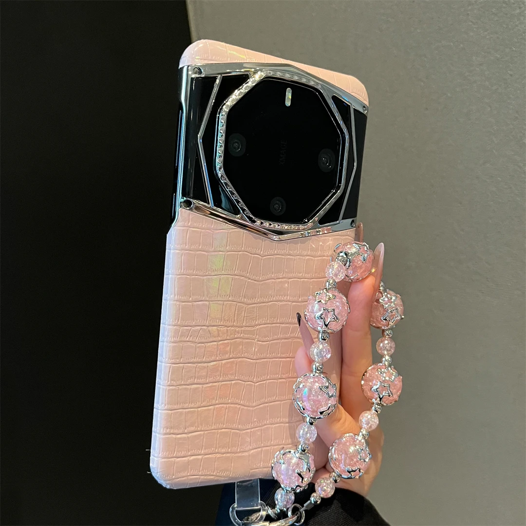 真皮珠光粉竹节纹适用华为mate60RS非凡大师手机壳高档mate70pro+