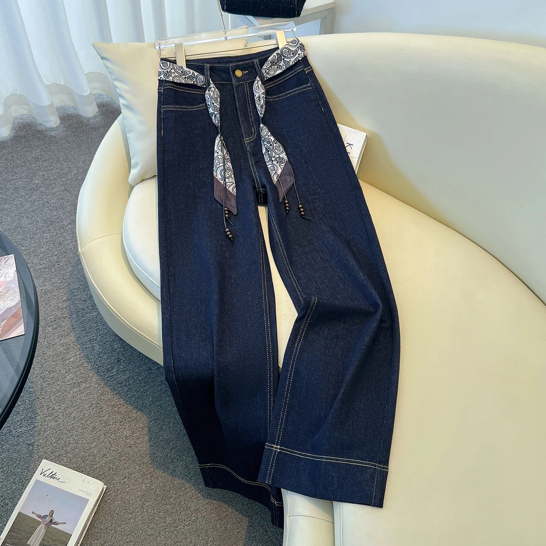 丹宁蓝阔腿牛仔裤女2025新款秋季窄版高腰大码复古宽松显瘦直筒裤