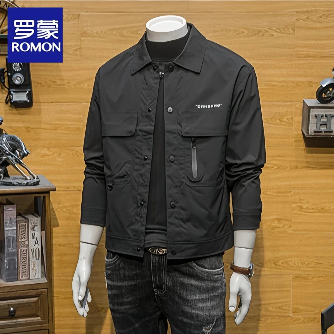 Romon/罗蒙新款春秋季潮牌工装夹克男士商务休闲修身百搭翻领外套