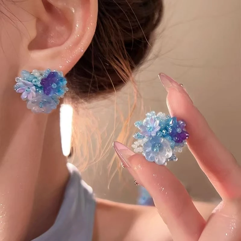 莫奈花园~花朵串珠耳钉女2026新款春夏氛围感甜美耳环度假风耳饰