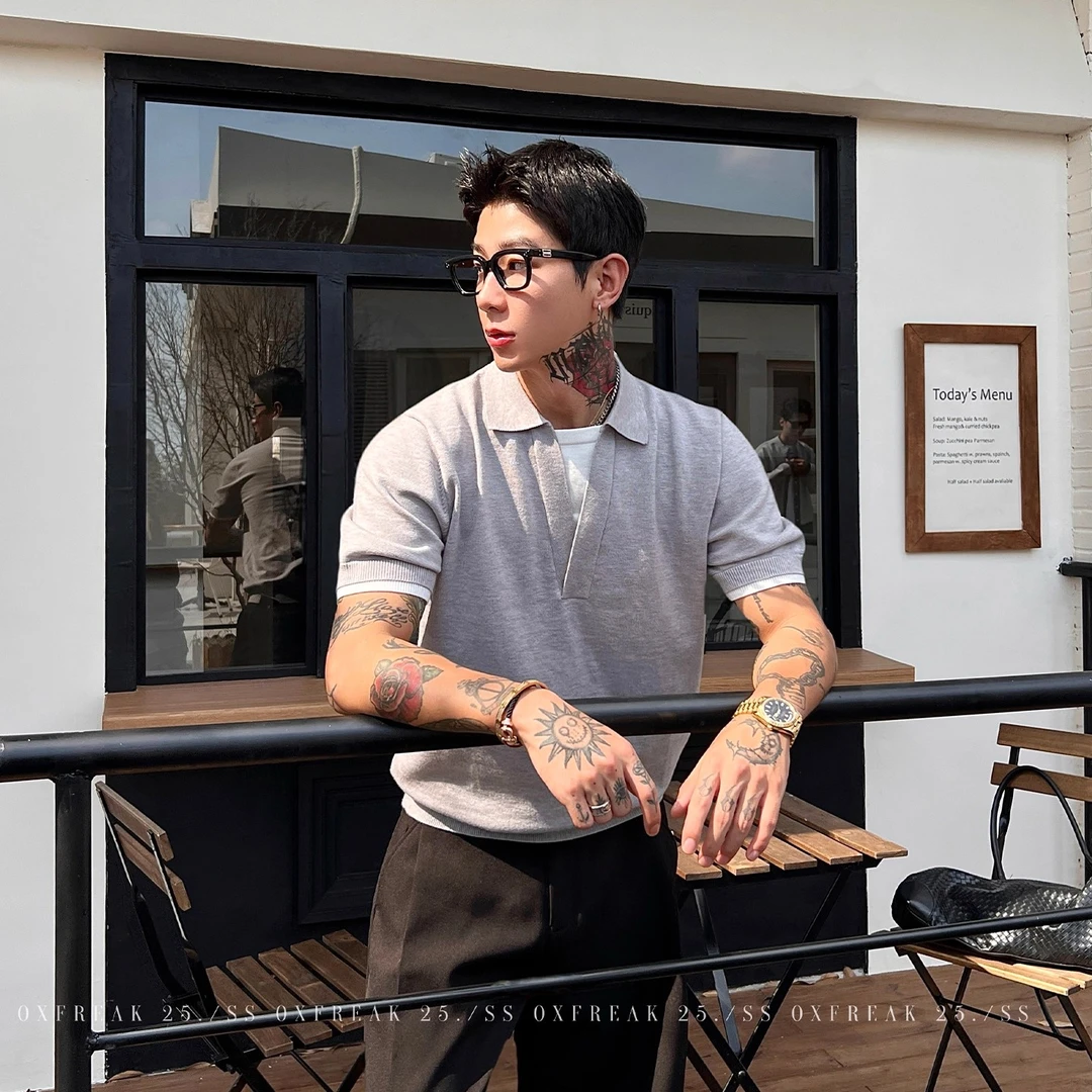 OXFREAK「羊毛混纺 老钱风」早秋假两件短袖polo衫男宽松针织t恤