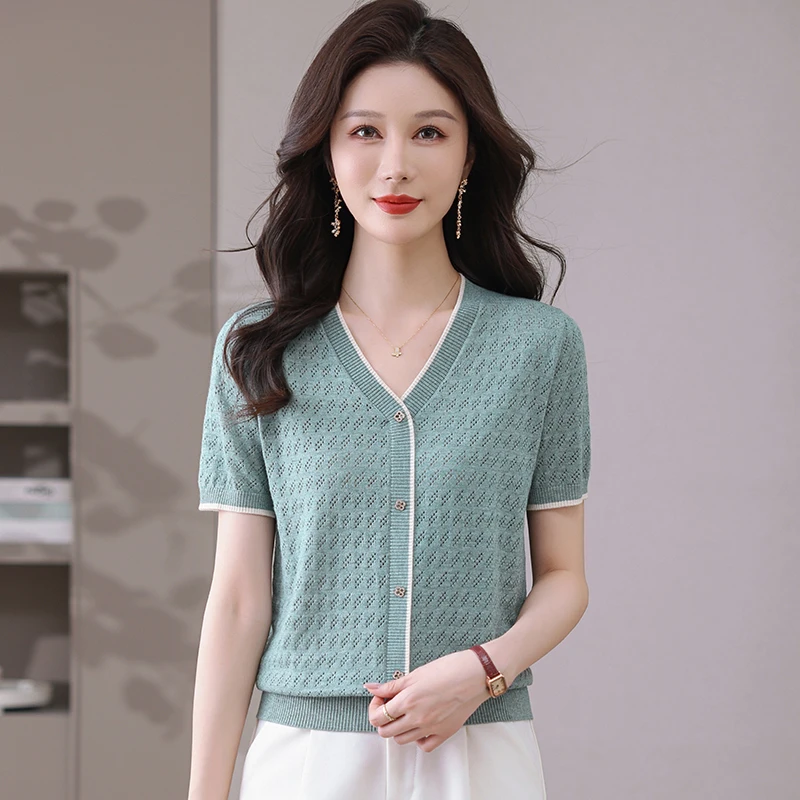 【莱赛尔】2025新款V领时尚短袖针织衫镂空休闲简约清凉薄款女上衣
