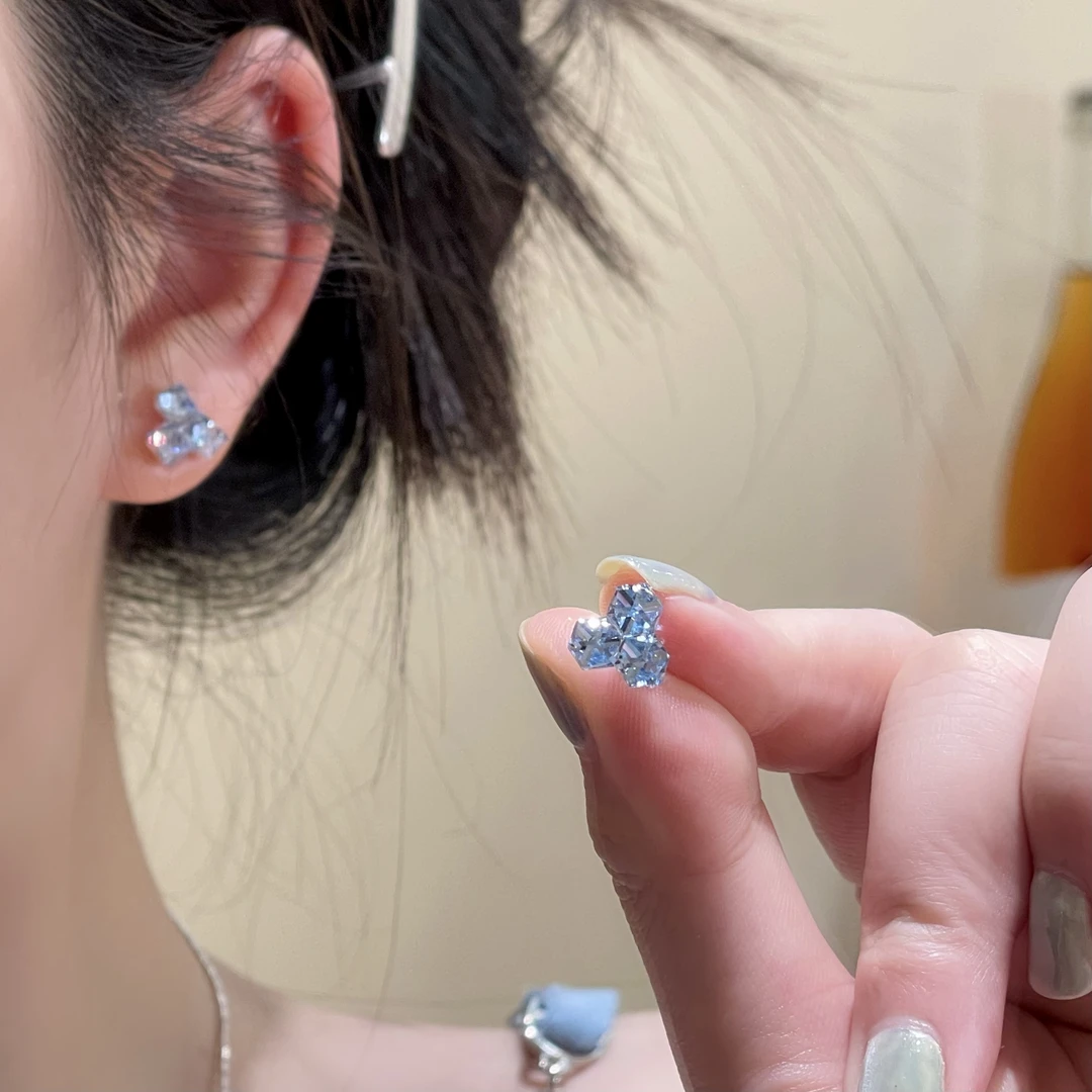 F294蓝色小方糖拼接耳钉百搭轻奢气质温柔设计感小众