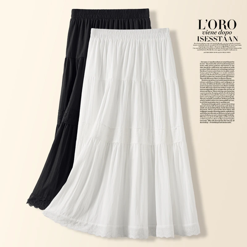 春夏白色蕾丝花边拼接蛋糕半身裙女夏季高腰a字时尚长裙半裙百搭