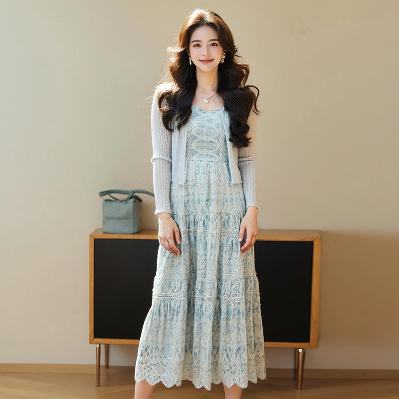 奢姿大码女装2025秋季蕾丝吊带绣花连衣裙两件套胖妹妹时尚套装