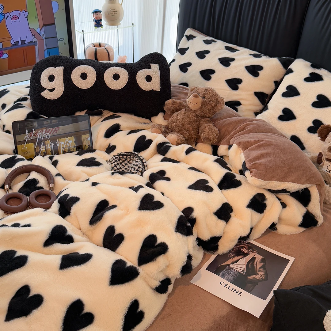 ins爱心牛奶绒床上四件套加厚保暖兔毛绒2025新款床品被套三件套4