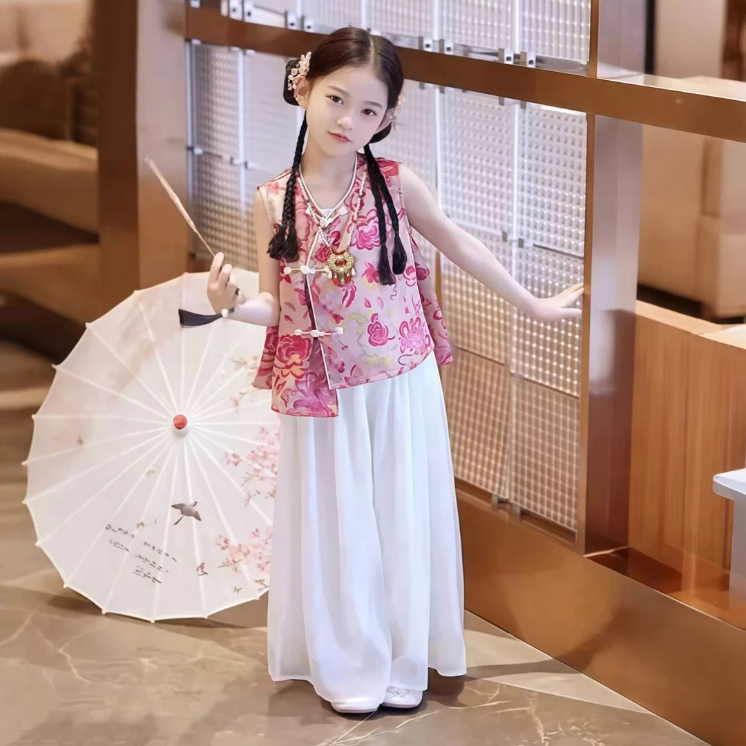女童汉服套装夏季2025新款儿童国风夏装女孩盘扣阔腿裤两件套zy