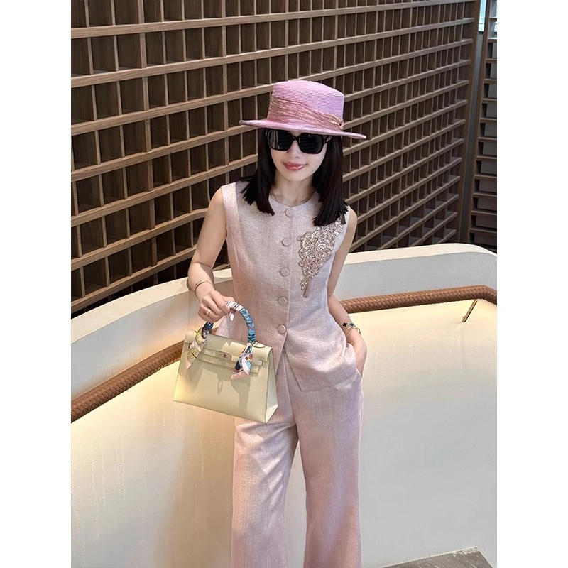 0778重工钉珠刺绣浪漫轻奢紫色亚麻无袖马甲复古减龄长裤两件套装