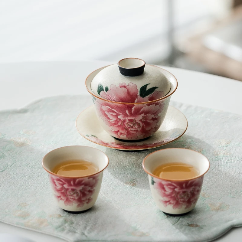 牡丹花青花岩矿白三才盖碗功夫茶具茶杯家用复古陶瓷带盖泡茶碗