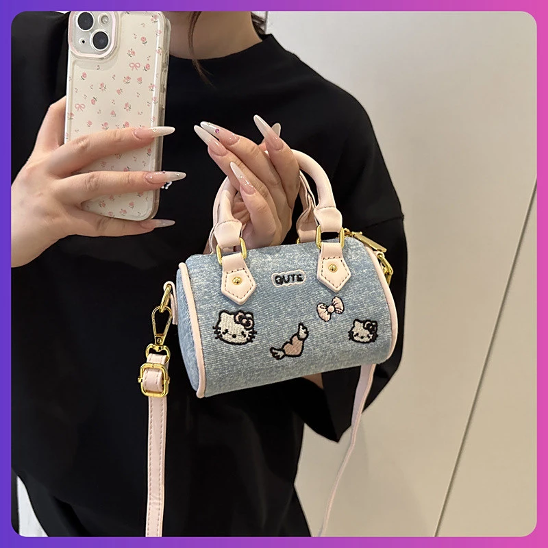 韩版猫咪斜挎包小公主手提枕头包女童可爱圆筒包精致刺绣时尚洋气