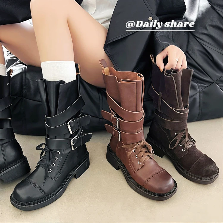皮带扣厚底机车靴2025秋冬季新款真皮短筒女靴子中筒骑士靴西部靴