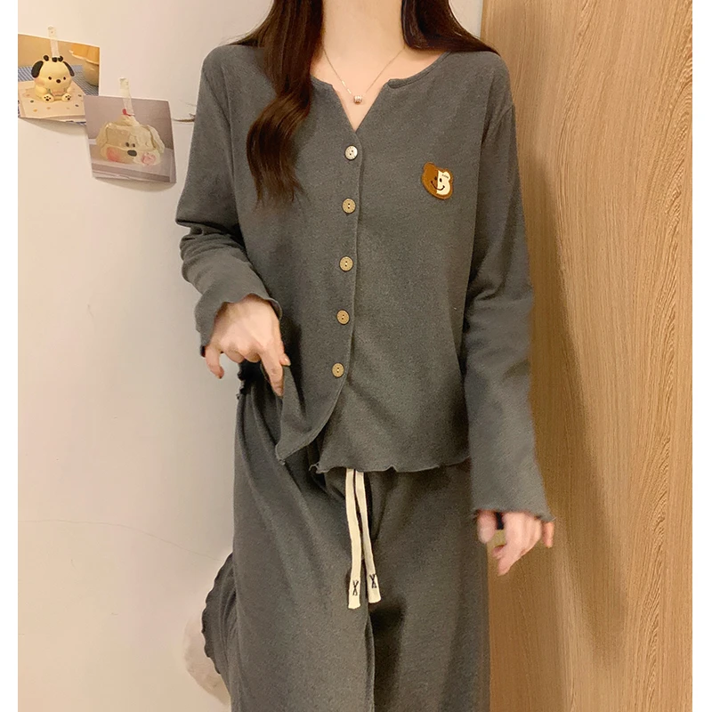 睡衣女款春秋冬季保暖加厚双面德绒高级感简约深灰小熊长袖两件套