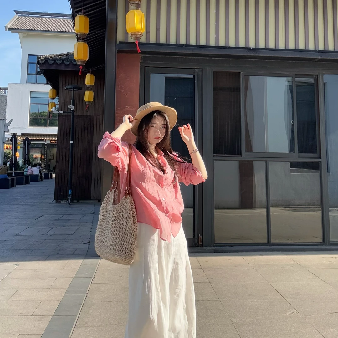 「桃粉色」一百苎麻夏季薄款防晒衬衫女轻薄透气老钱风温柔甜美上衣