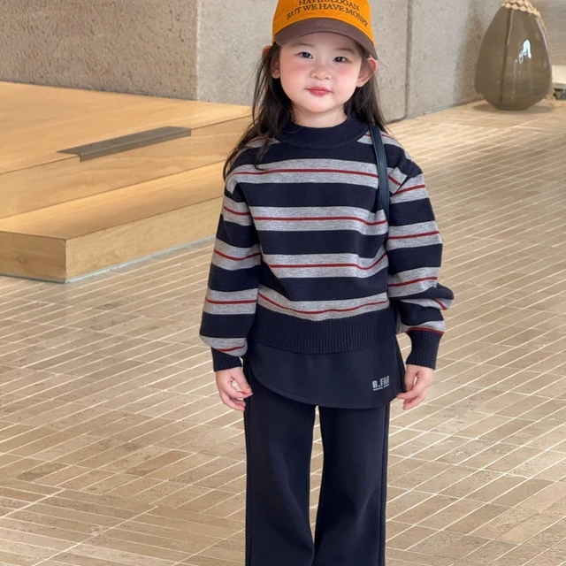 戴维【商场同款】女童条纹长袖毛衣屁帘喇叭裤套装韩版时髦儿童上