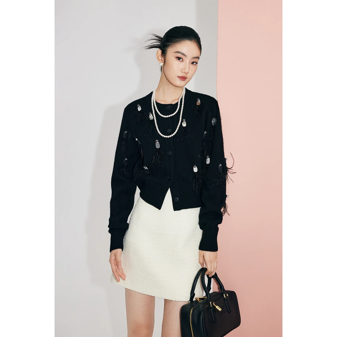 【初依专属】MandyZhang羽毛钉珠100%羊毛针织开衫女冬外搭上衣