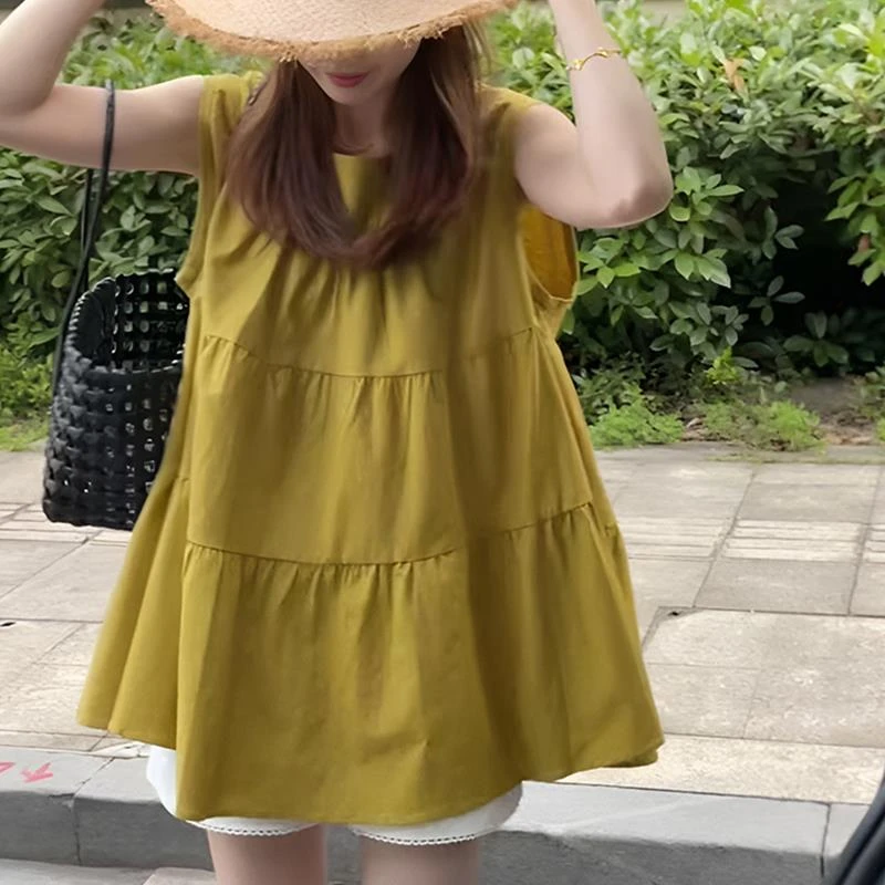自留款！高品质法式气质褶皱无袖背心衬衫2025夏季宽松中长款上衣
