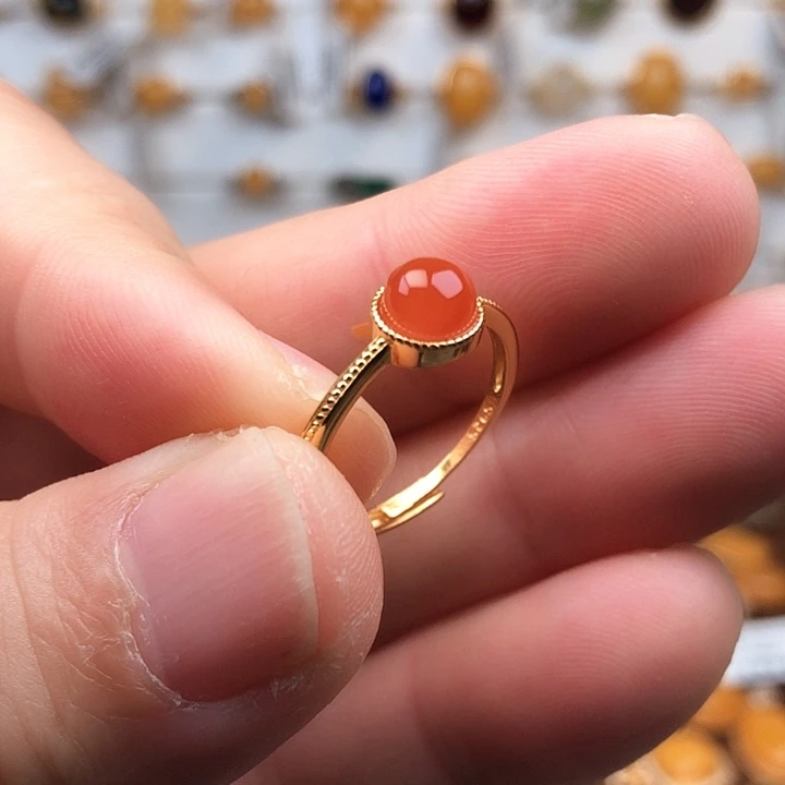 南红玛瑙银S925镀金镶嵌戒指