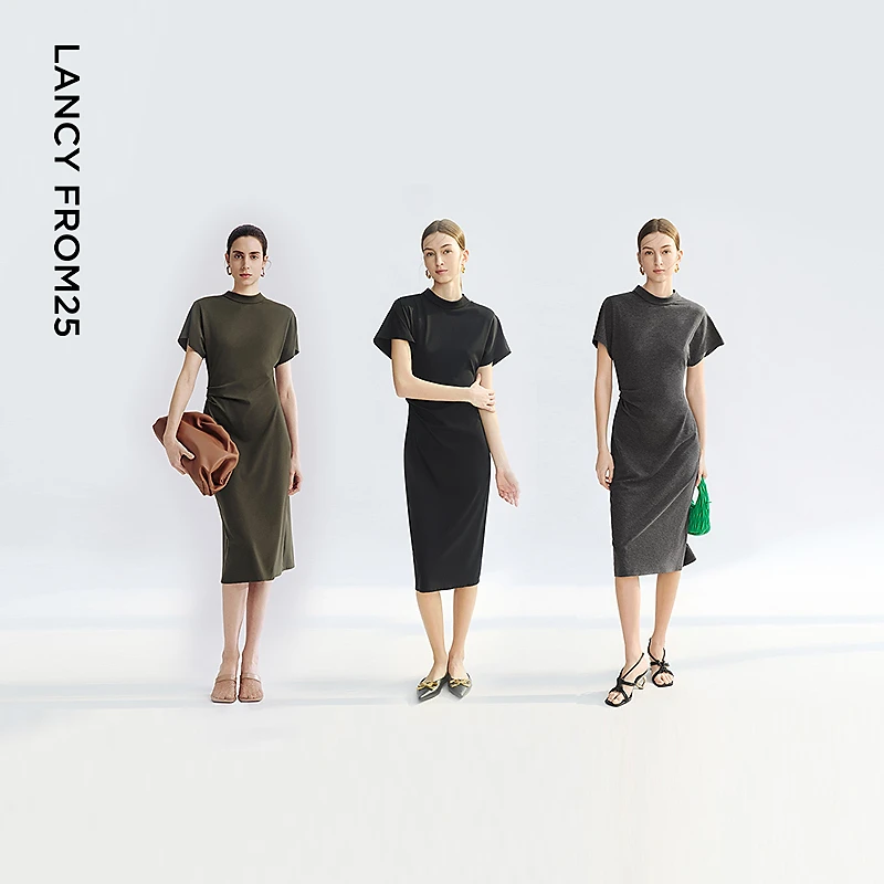朗姿复古立领雅致T恤连衣裙修身连肩袖时尚裙子2025年夏季新款