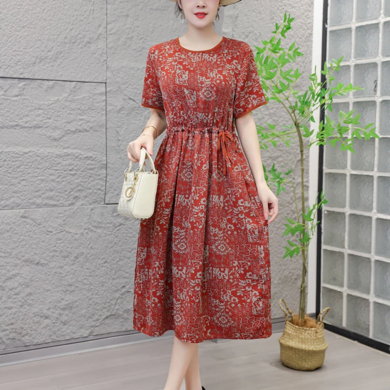 A-25036时尚宽有抽绳连衣裙圆领几何图