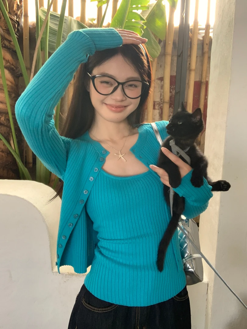 宋正恩【现货】针织开衫外套女2025秋季修身纯色两件套上衣AA68917