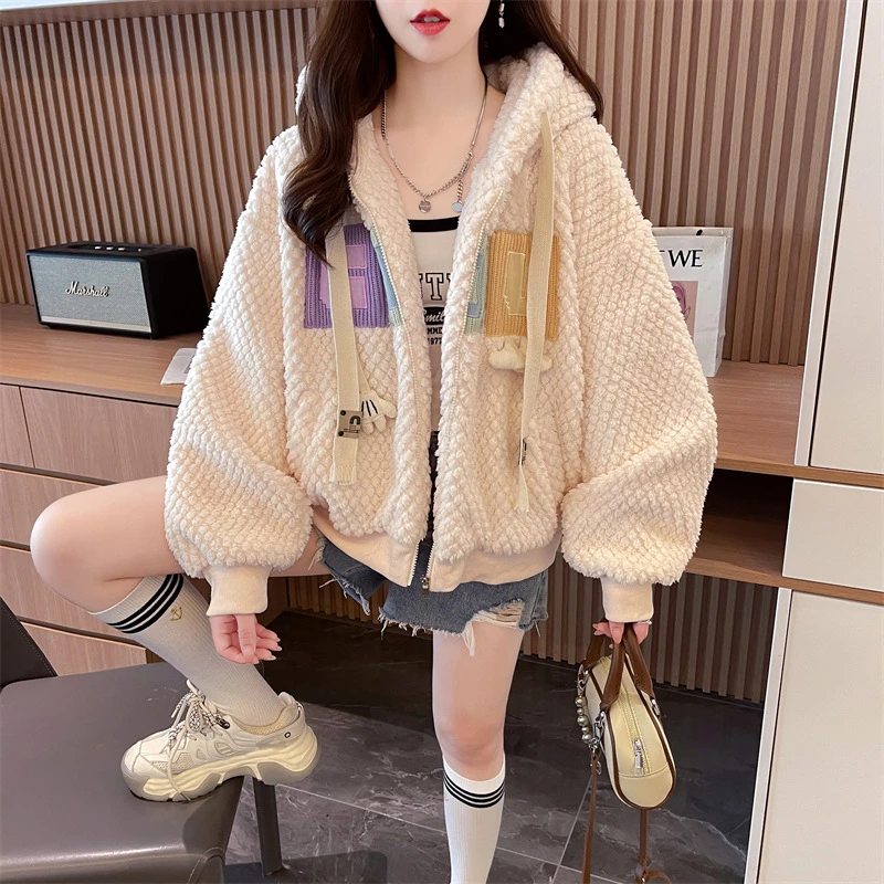 跨境热卖冬装新品加绒加厚卫衣女学生宽松连帽开衫外套绒衫韩版潮