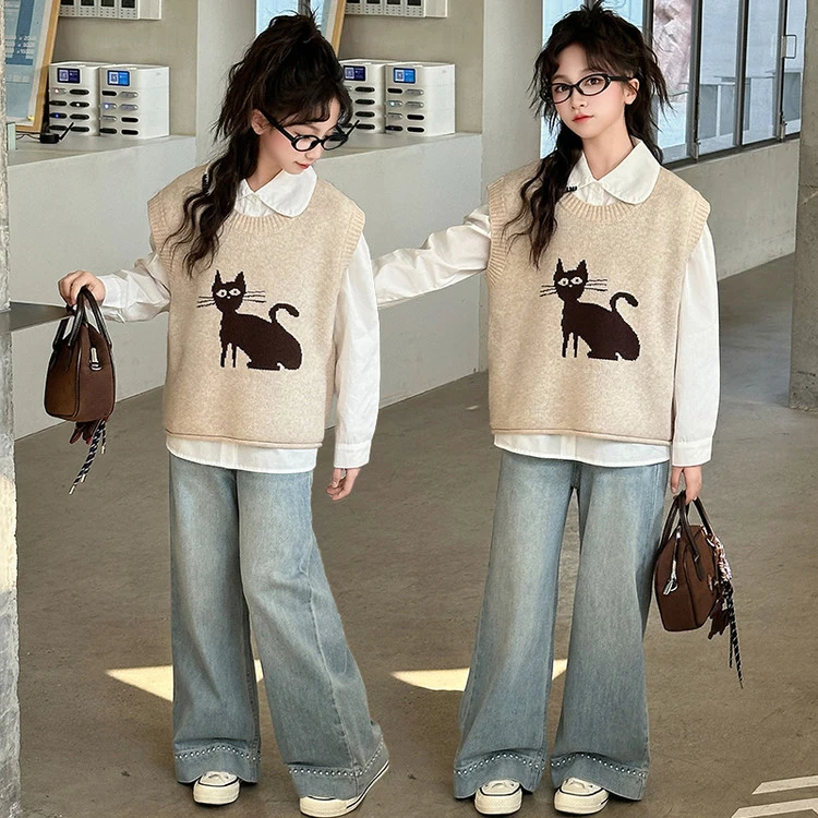 女童春秋季洋气马甲衬衣套装中大童儿童春款女孩时髦牛仔裤三件套