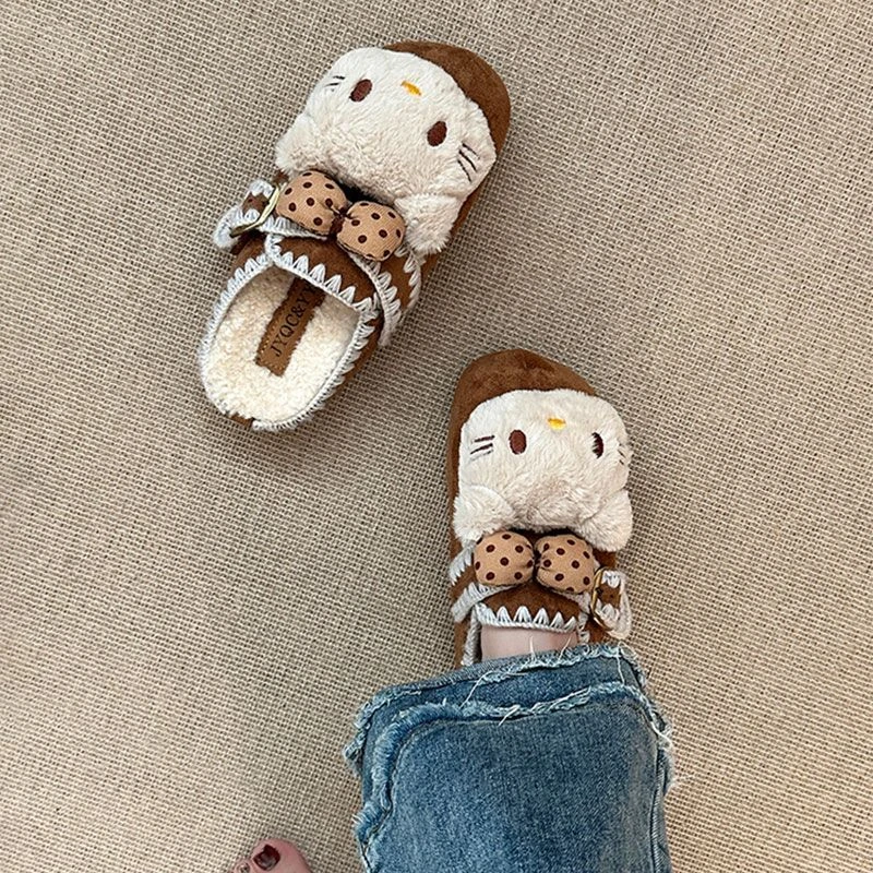 可爱卡通凯蒂猫刺绣花边加绒包拖鞋女款2025秋冬新款室内勃肯单鞋