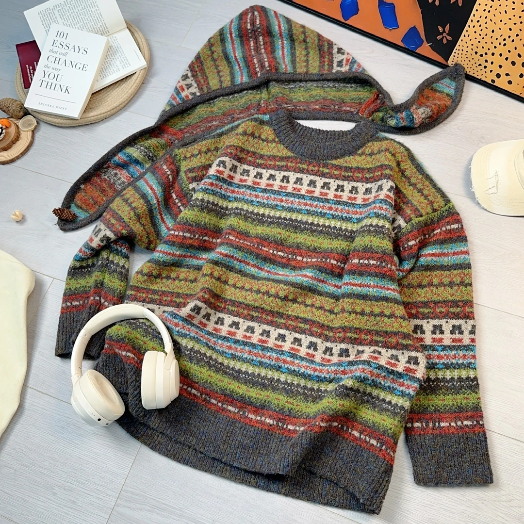 2024早秋新款时尚休闲宽松带帽两件套条纹毛衣针织长袖7308